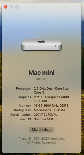 The About this Mac window from my 2012 Mac Mini running macOS Sonoma 14.0 using OpenCore Legacy Patcher