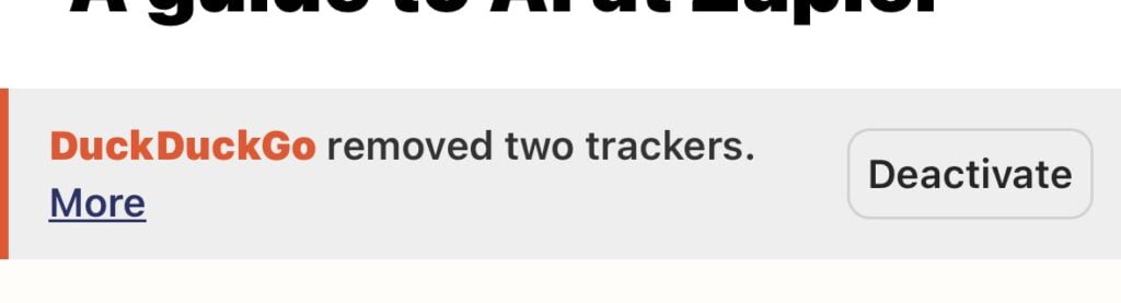 DuckDuckGo email banner reporting the removal of two trackers