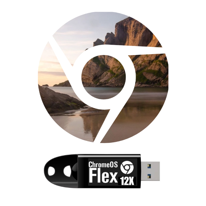 ChromeOS Flex USB Flash Drive and the ChromeOS logo showing a ChromeOS desktop backfround picture.