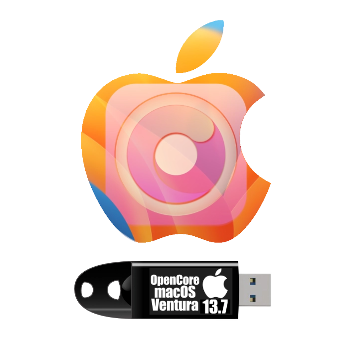 OpenCore macOS 13.7 Ventura Installer USB flash drive under an Apple Logo