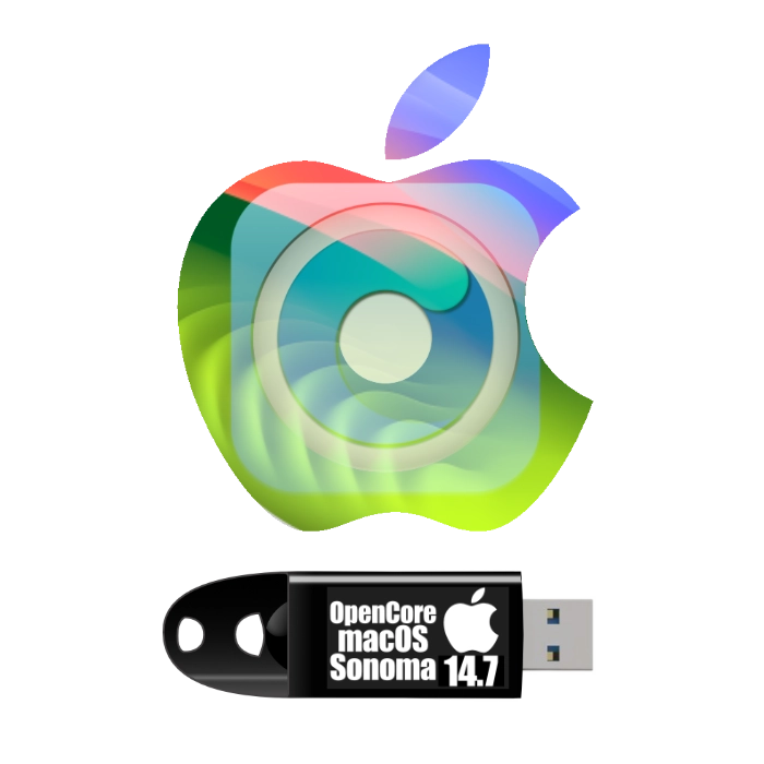 OpenCore macOS 14.7 Sonoma Installer USB flash drive under an Apple Logo