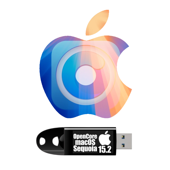 OpenCore macOS 15 Sequoia Installer USB flash drive under an Apple Logo