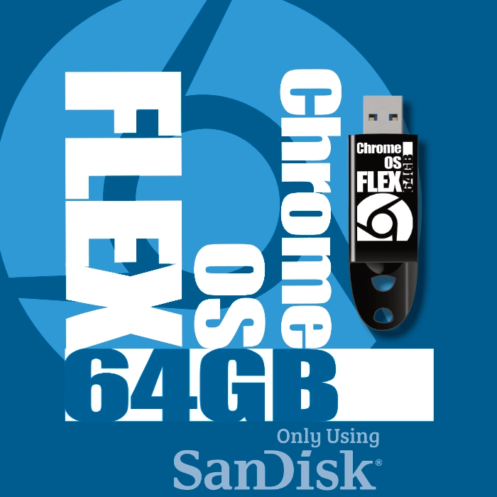 64 GB ChromeOS Flex USB Flash Drive and the ChromeOS logo