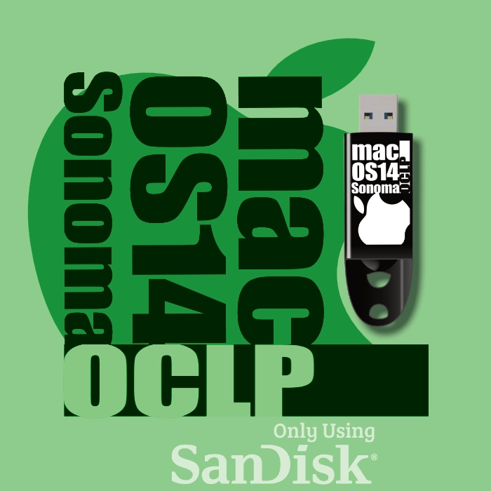 macOS 14 Sonoma OCLP pack-shot with USB drive