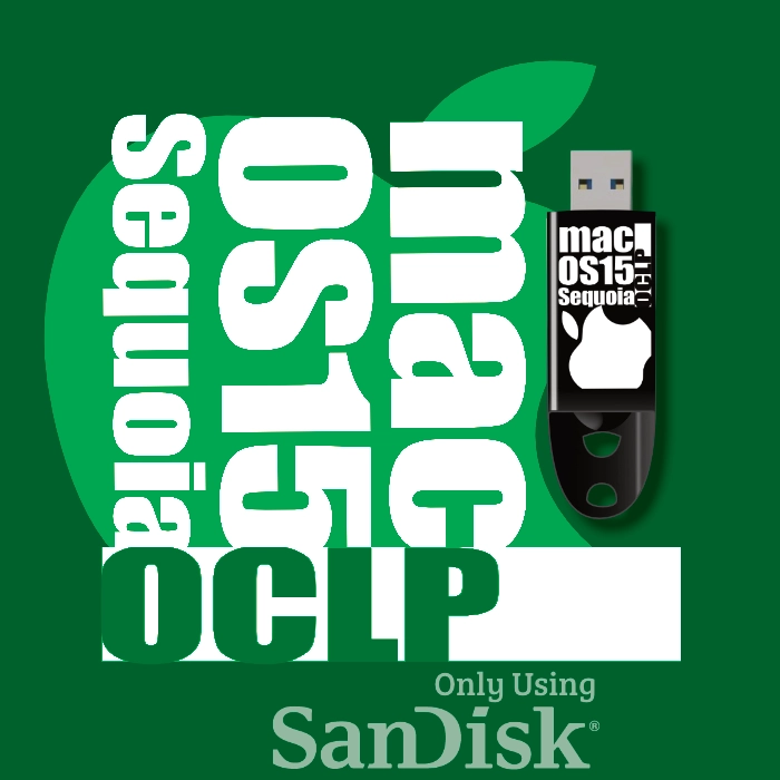 macOS 15 Sequoia OCLP pack-shot with USB drive